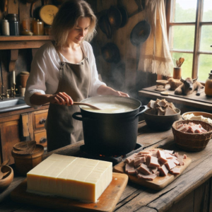 Lady cooking tallow in a kitchen
