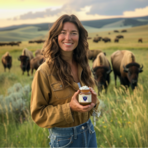 Lady in pasture holding a jar of bison tallow
